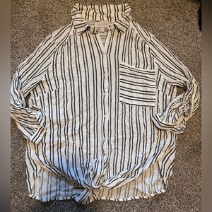 VIXBE Black & White Pinstripe Tie Front Button Up Blouse 3/4 Sleeve Size M
